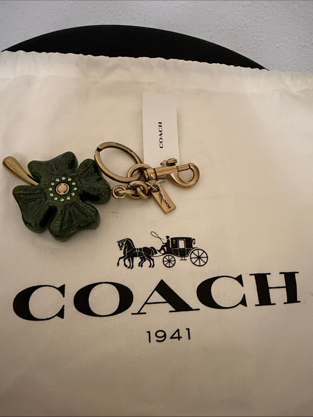 Coach Dark Green Flower Key Charm with Brass Hardware